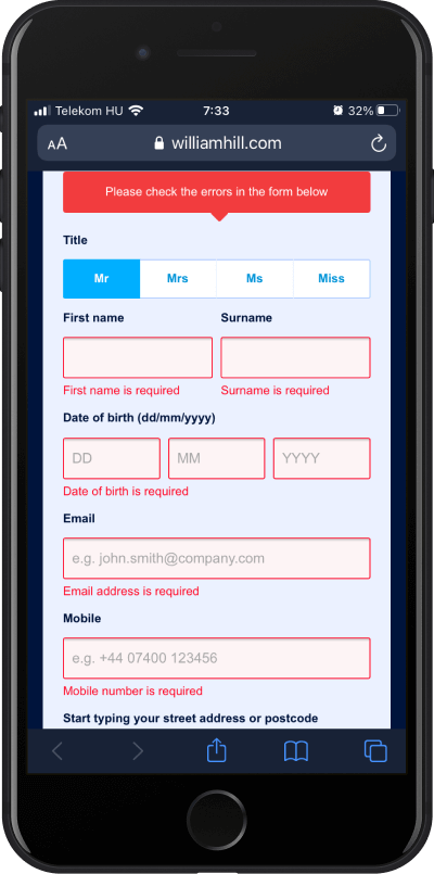 william hill register error