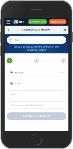 A 20Bet fogadóiroda regisztrációs oldalának képernyőképe