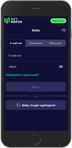 Mobil képernyőkép a Betmatch regisztrációs oldaláról