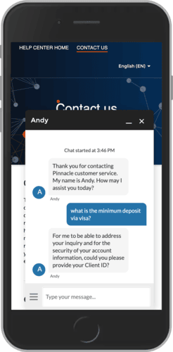 A Pinnacle élő chat oldalának mobil képernyőképe