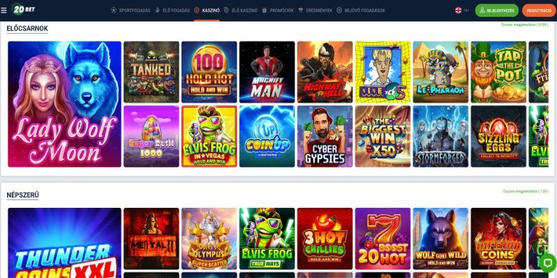 Kép a 20Bet kaszinó főoldalára