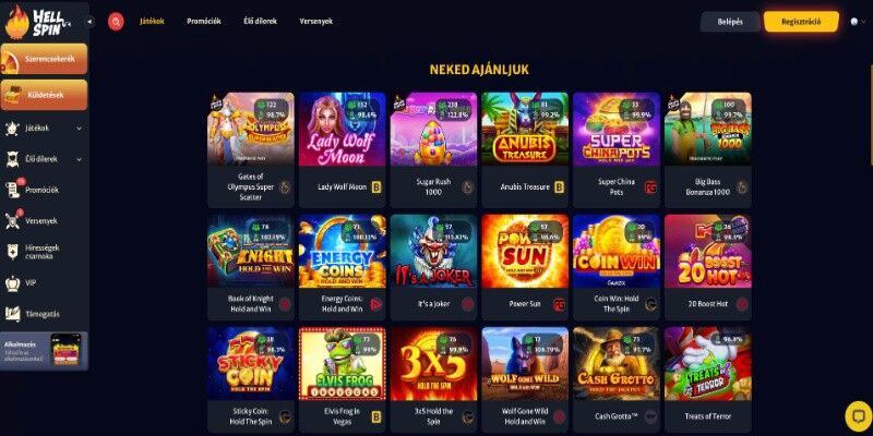Kép a Hellspin kaszinó főoldalára