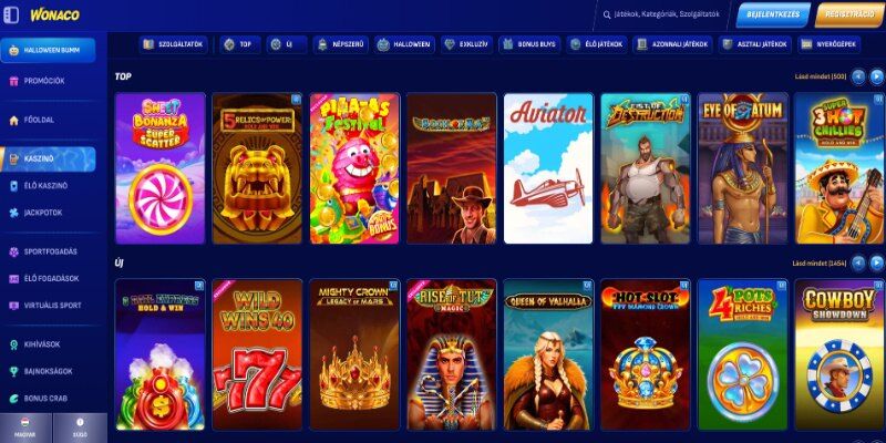 Kép a Wonaco kaszinó főoldalára