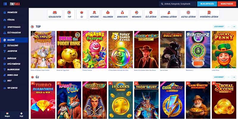 Kép a Tikitaka kaszinó főoldalára