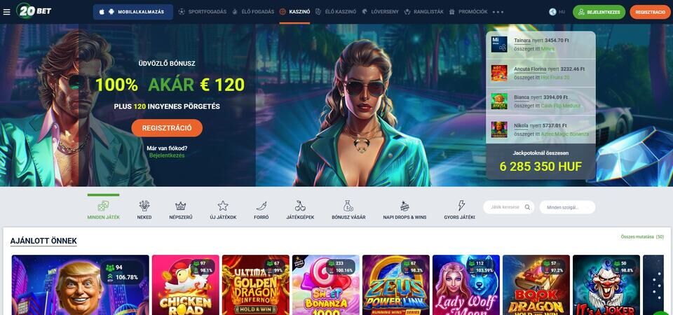 Kép a 20Bet kaszinó főoldalára