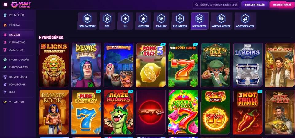 Kép a RobyCasino kaszinó főoldalára