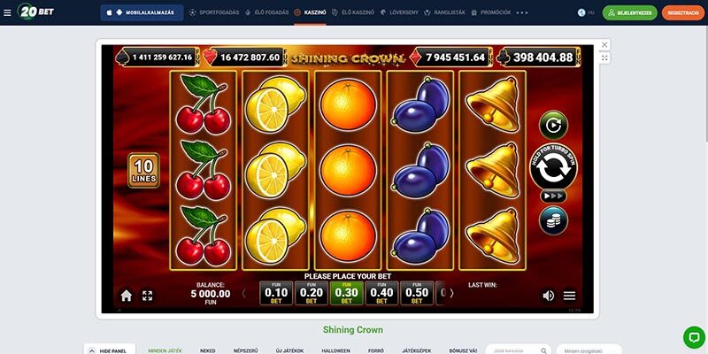 A 20bet nyerőgép oldalának, a Shining Crownnak a képernyőképe