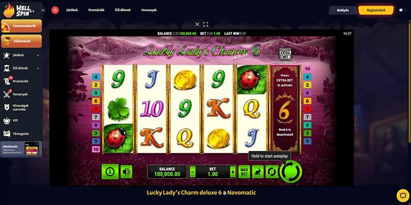 A Hellspin nyerőgép oldalának képernyőképe: Lucky Lady Charm