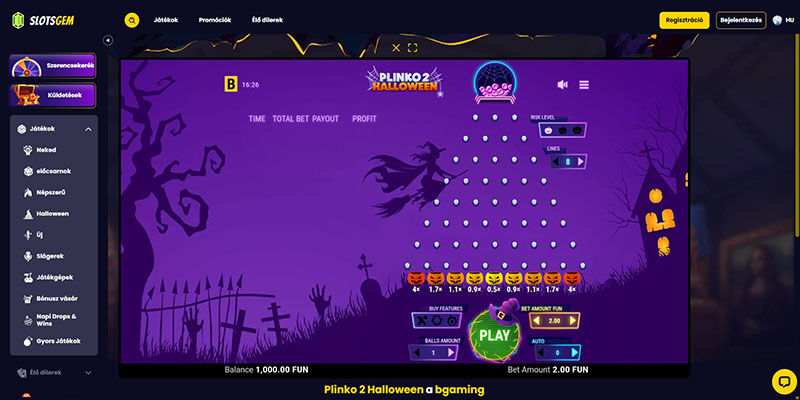Képernyőkép a Slotsgem nyerőgép oldaláról, a Plinko játékról