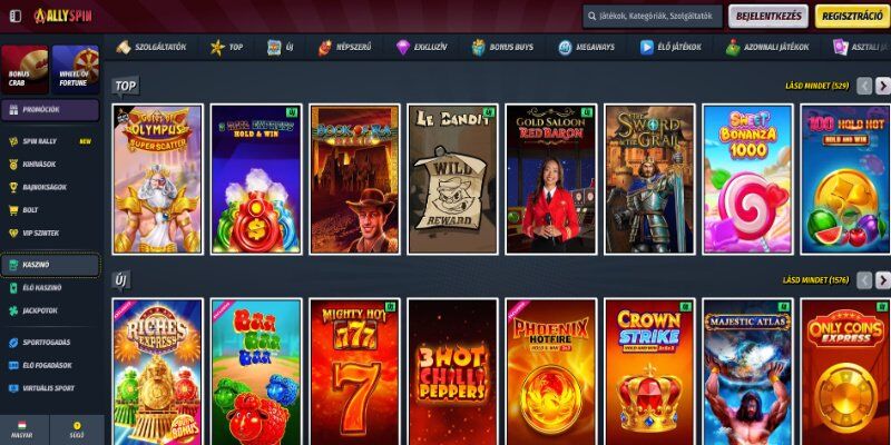 A kaszinó AllySpin főoldalának képernyőképe