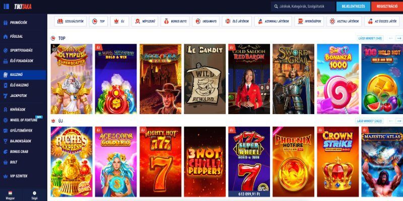 A kaszinó TikiTaka főoldalának képernyőképe