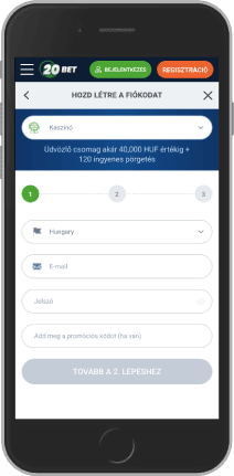 A 20Bet fogadóirodai regisztráció képernyőképe