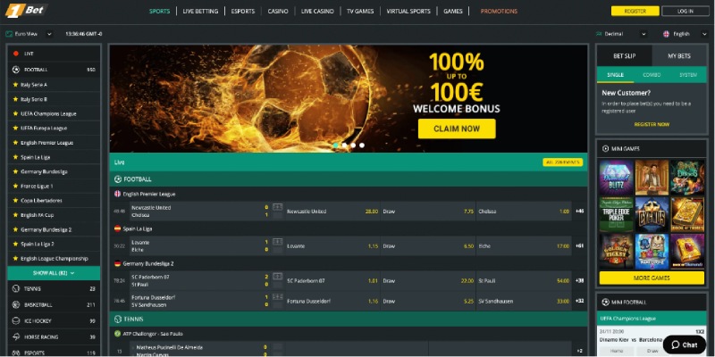 1Bet asztali sportoldal képernyőképe