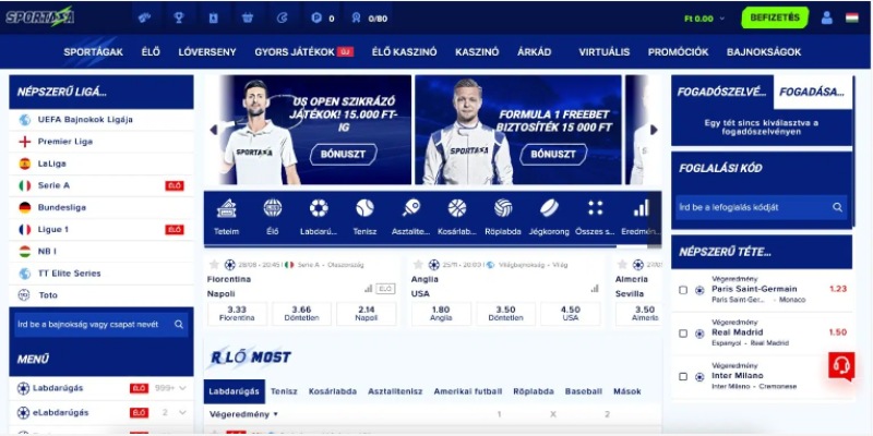 A Sportaza asztali sportoldal képernyőképe