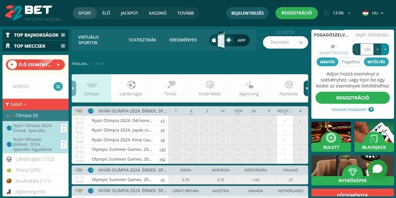 Képernyőkép a 22Bet bukméker sportoldaláról