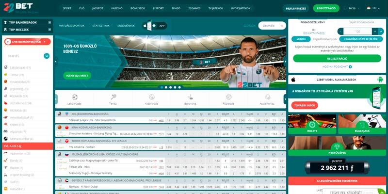 Képernyőkép a 22Bet sportoldaláról