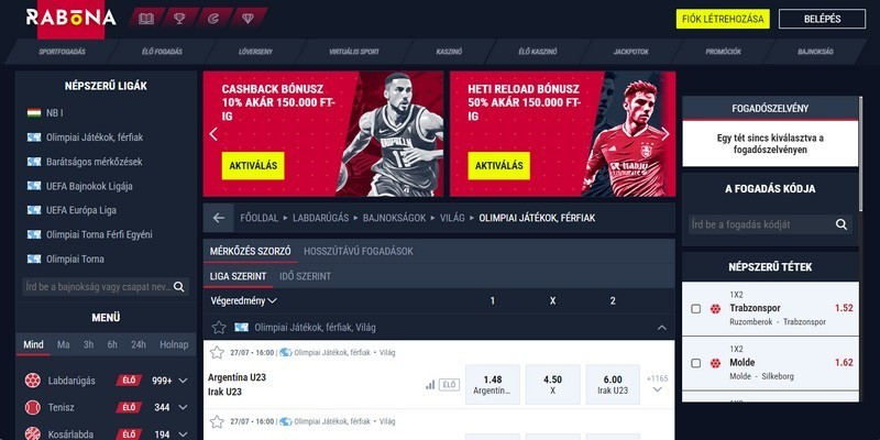 Képernyőkép a Rabona bukméker sportoldaláról