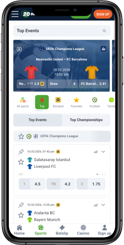 A sportoldal mobil képernyőképe 20Bet