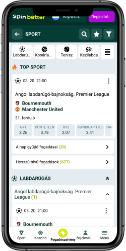 A sportoldal mobil képernyőképe SpinBetter