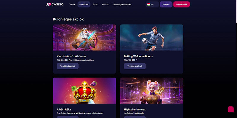 Az NV.Casino promóciós oldalának képernyőképe