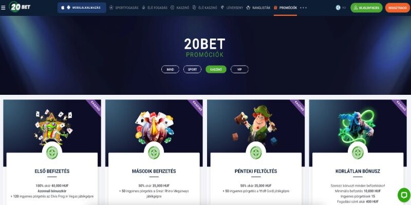 A 20Bet kaszinó promóciós oldalának képernyőképe