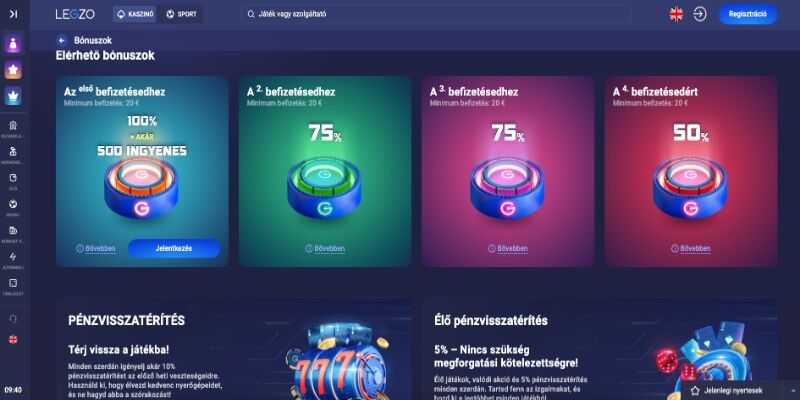 A Legzo kaszinó promóciós oldalának képernyőképe