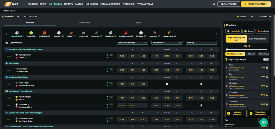 Az 1Bet élő sport oldalának képernyőképe