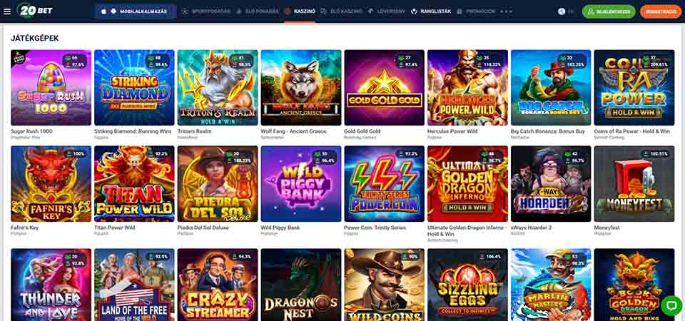 Képernyőkép a 20Bet kaszinó oldaláról