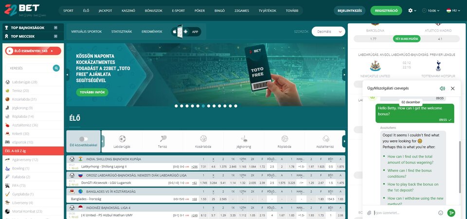 A 22bet ügyfélszolgálat képernyőképe