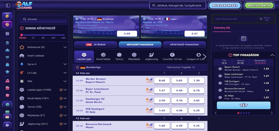 Az AlfCasino sportoldalának képernyőképe