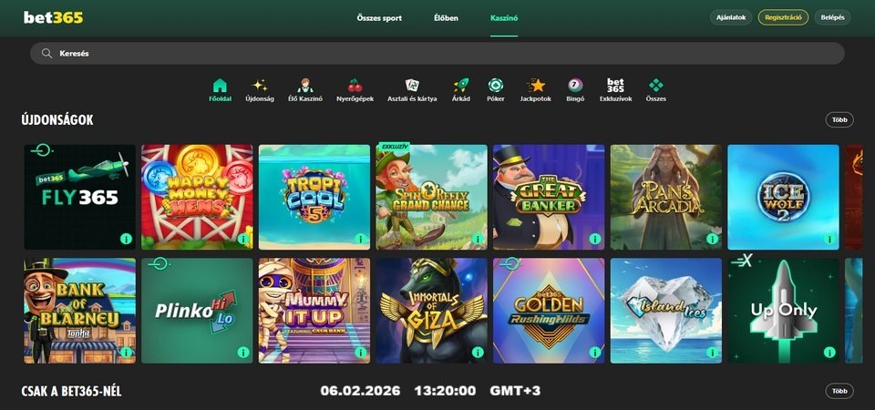 Kaszinó oldalának képernyőképe