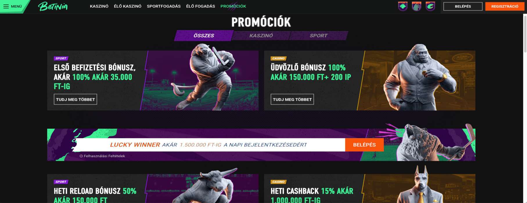 Promóciók és bónuszok aktív játékosok számára a Betinia oldalán