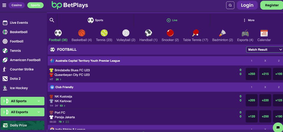 A Betplays sportoldaláról készült képernyőkép