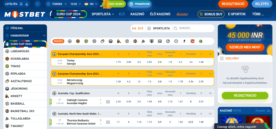 Pillanatkép a Mostbet élő sportoldaláról