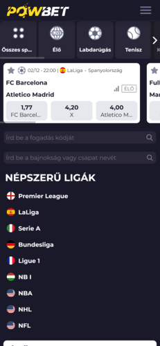 A Powbet mobil verziójának képernyőképe