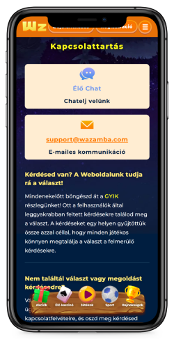 a támogatási oldal képernyőképe