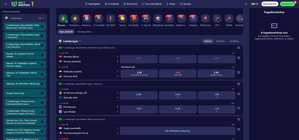 A Betmatch sportoldalának képernyőképe