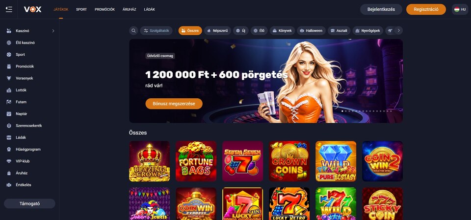 Képernyőkép a Vox Casino kaszinójáról