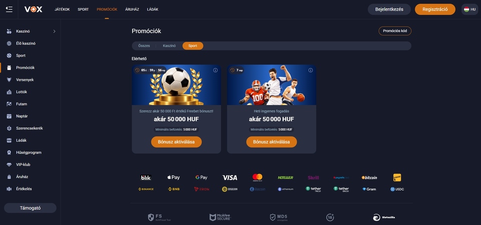 Képernyőkép a Vox Casino akcióiról