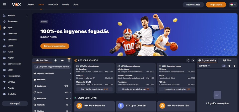 Képernyőkép a Vox Casino sportfogadásáról