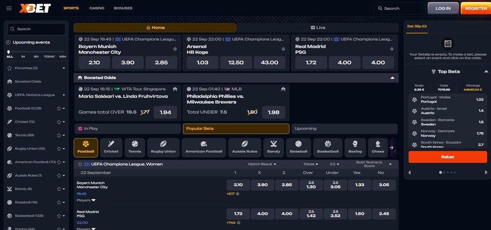 Képernyőkép az X3bet sportoldaláról