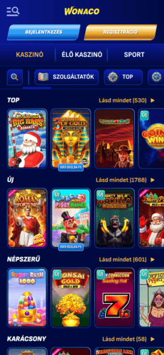 A Wonaco kaszinó oldalának képernyőképe