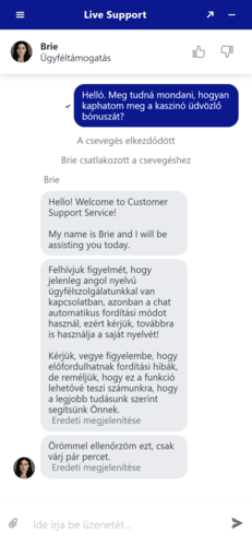 Képernyőkép a támogatási szolgálattal folytatott beszélgetésről