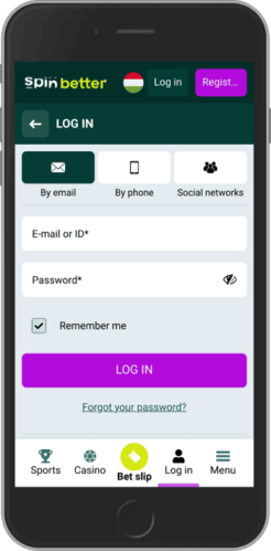 Spinbetter mobil naplózó oldalának képernyőképe