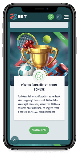 A 22bet újratöltési bónusz képernyőképe