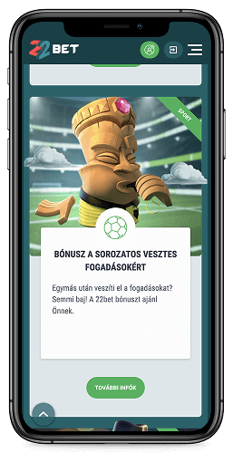 A 22bet vesztes fogadások bónuszának képernyőképe