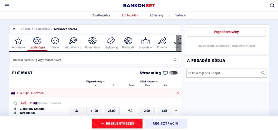 Pillanatkép az Bankonbet élő sport oldalról
