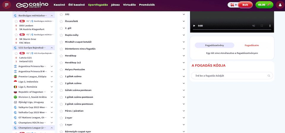 Casino Infinity sportfogadás piacok: rövid útmutató