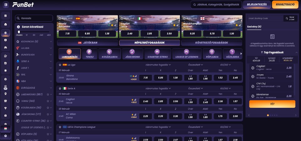A Funbet sportoldalának képernyőképe