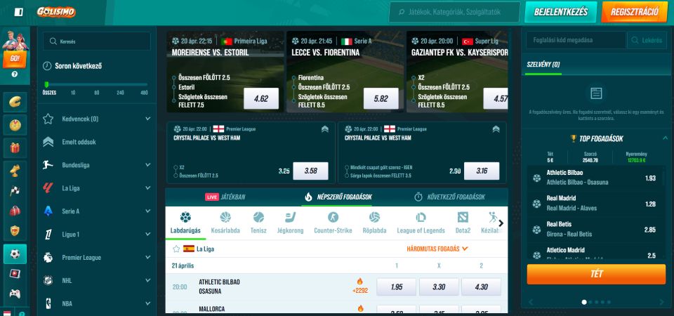 Az Golisimo sportoldalának képernyőképe